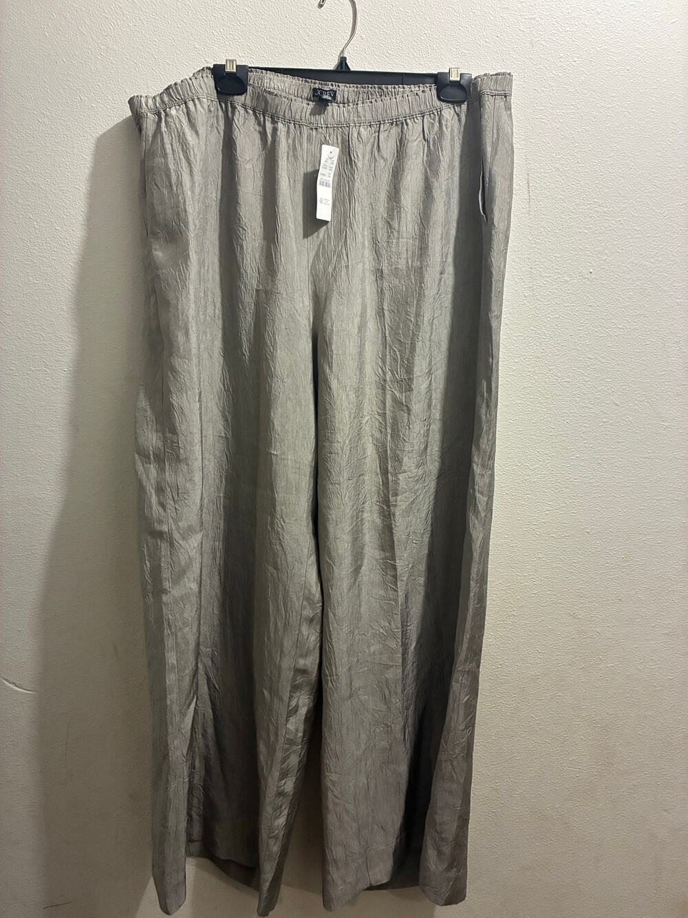 J. Crew Crinkle Pull-On Wide Leg Pants Grey Taupe Elastic Waist Plus Size XXL